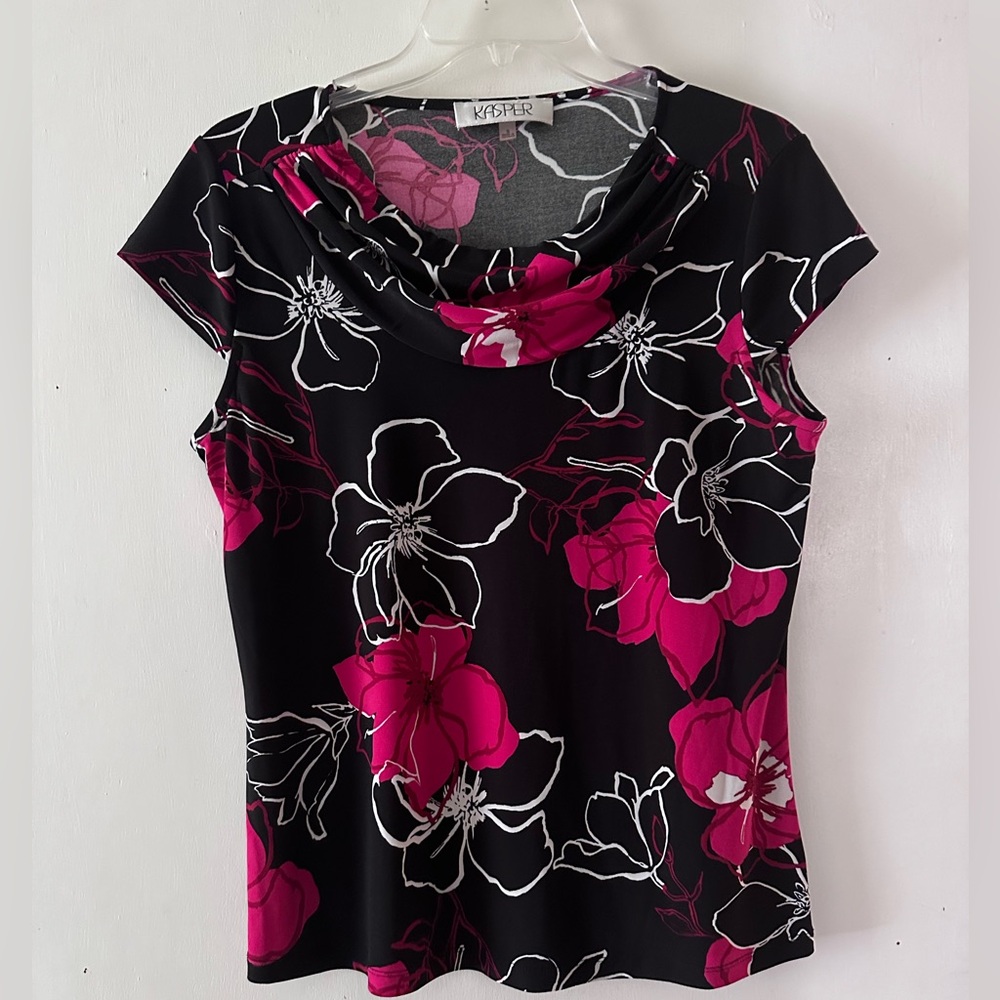 Kasper Black and Pink Fitted Cap Sleeve Blouse